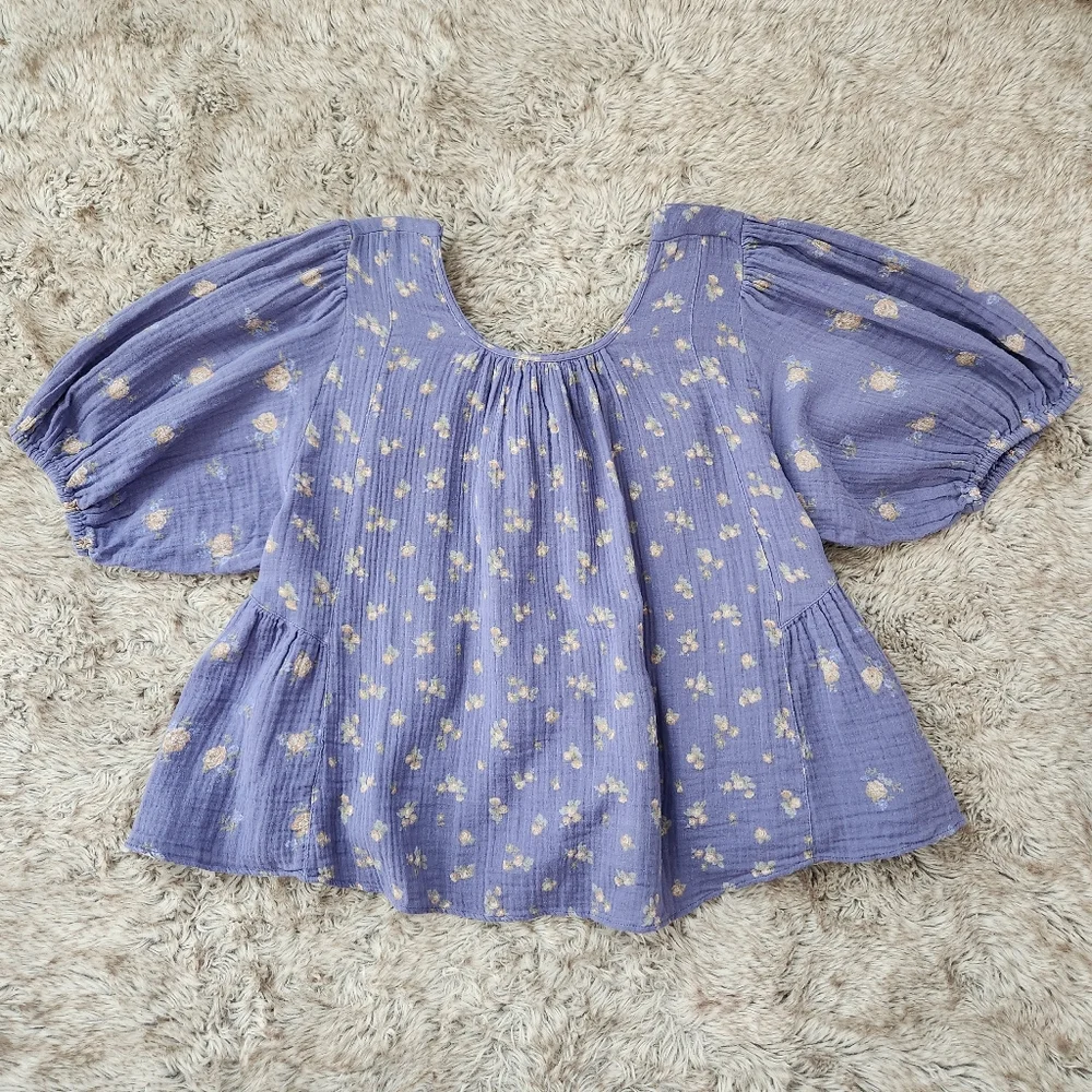 Free People Chloe Printed Top In Indigo‎ Combo Open Back Wonens Size XL
